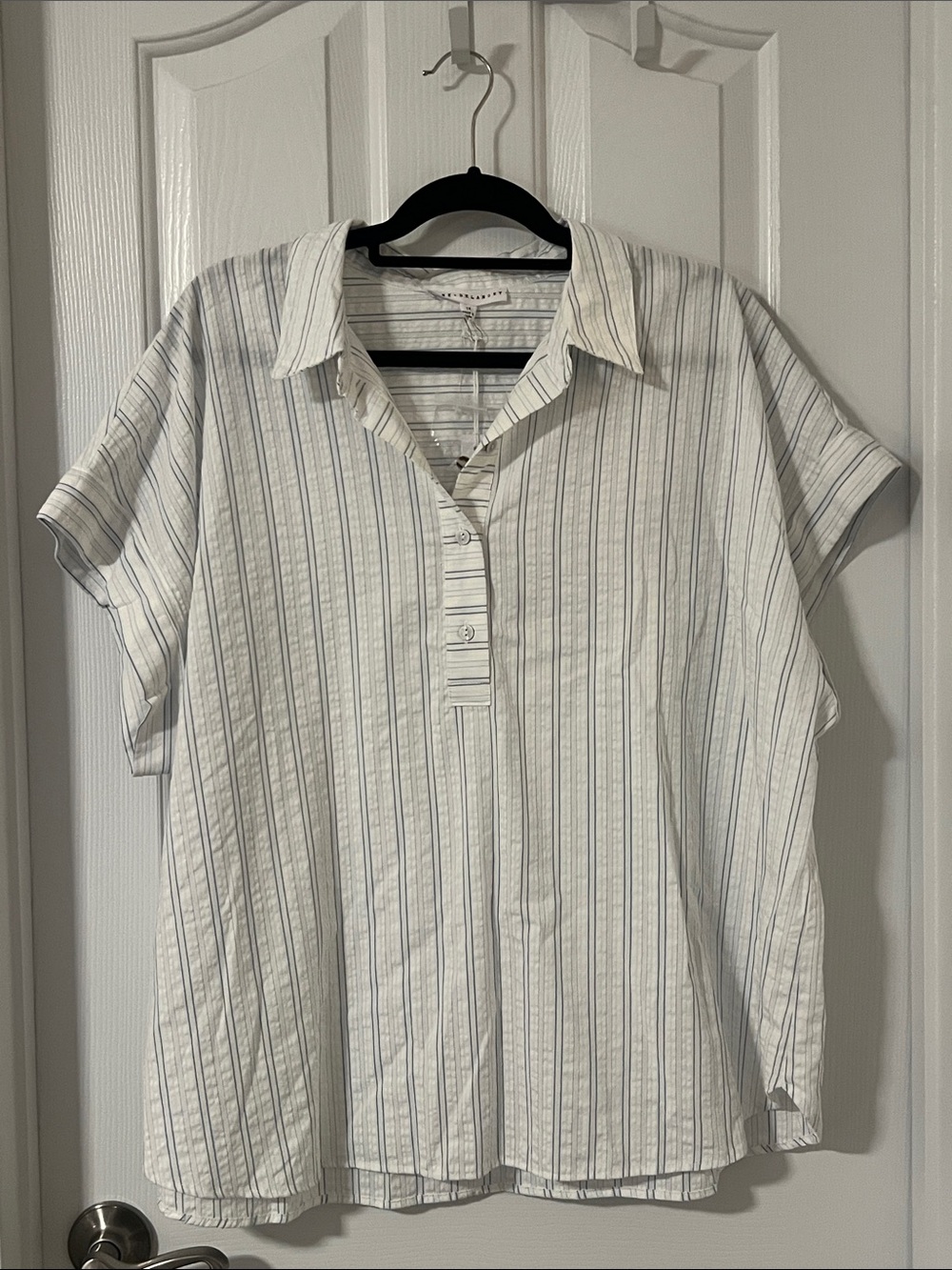 Women's Short-Sleeve Button Polo Shirt - White with Blue Stripes